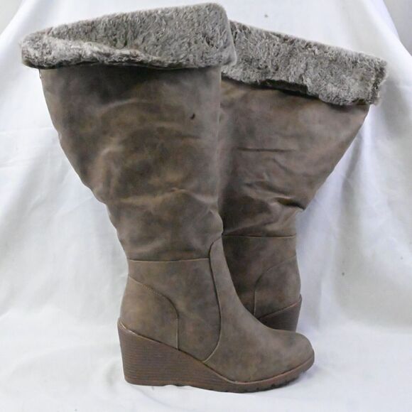 LANE BRYANT Brown EMMA Faux‎ Suede Fur Cuff Tall Wedge BOOTS WIDE 9W - Picture 1 of 12